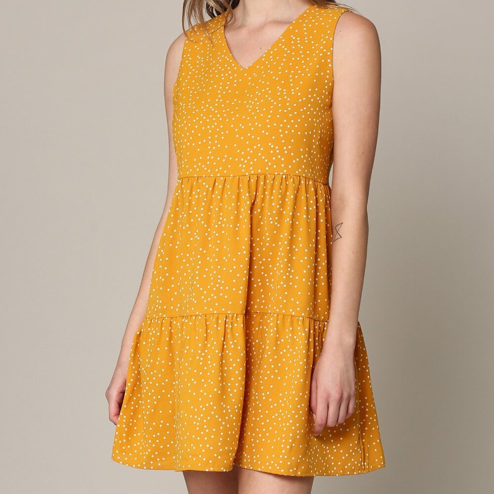 Lock & Love Sleeveless Tiered Tunic Dress Mustard Polka Dot Ladies Size L NWT